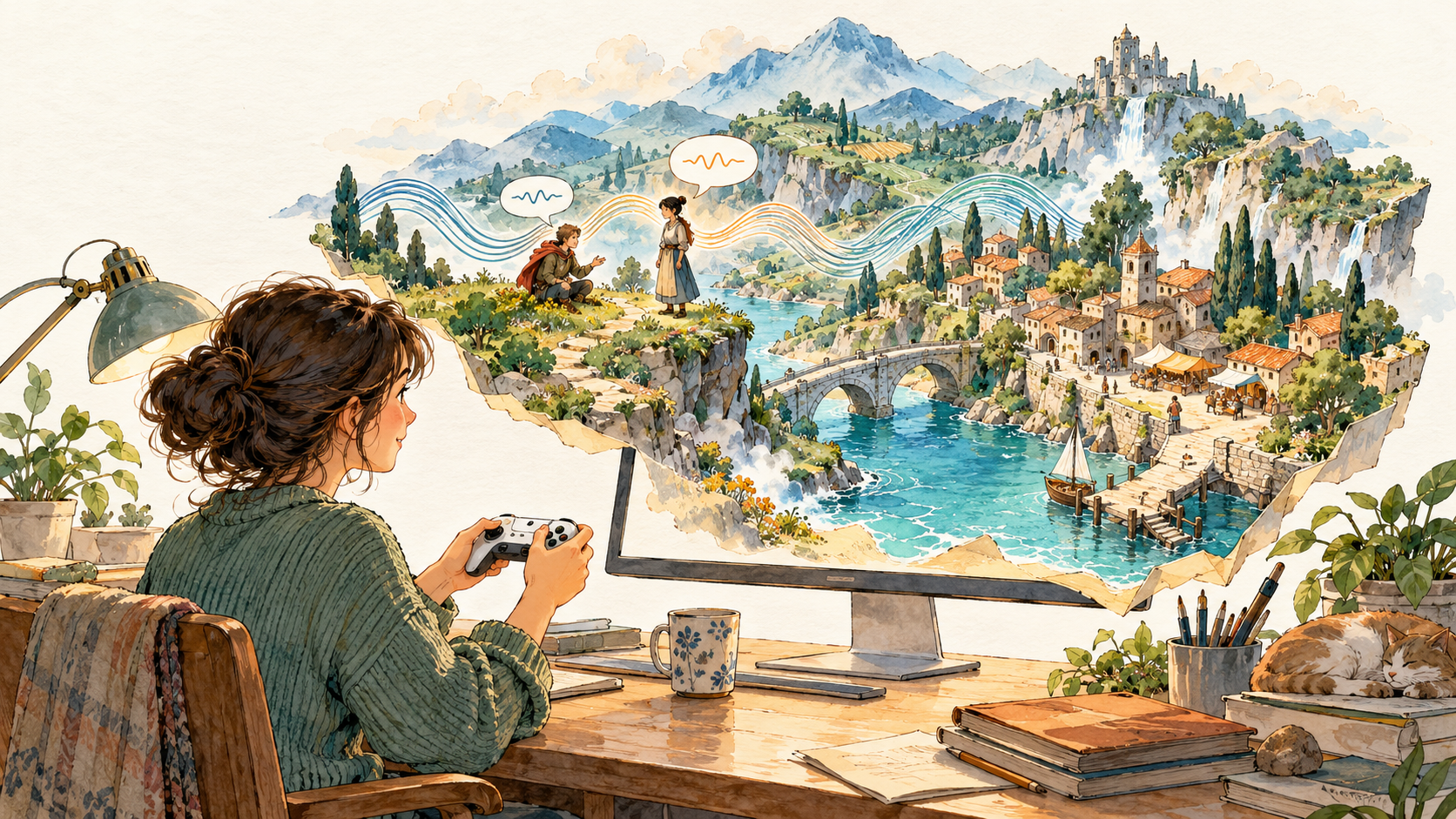 Editorial illustration of a person exploring a miniature landscape unfolding from a monitor, with sound waves and speech shapes connecting its characters.