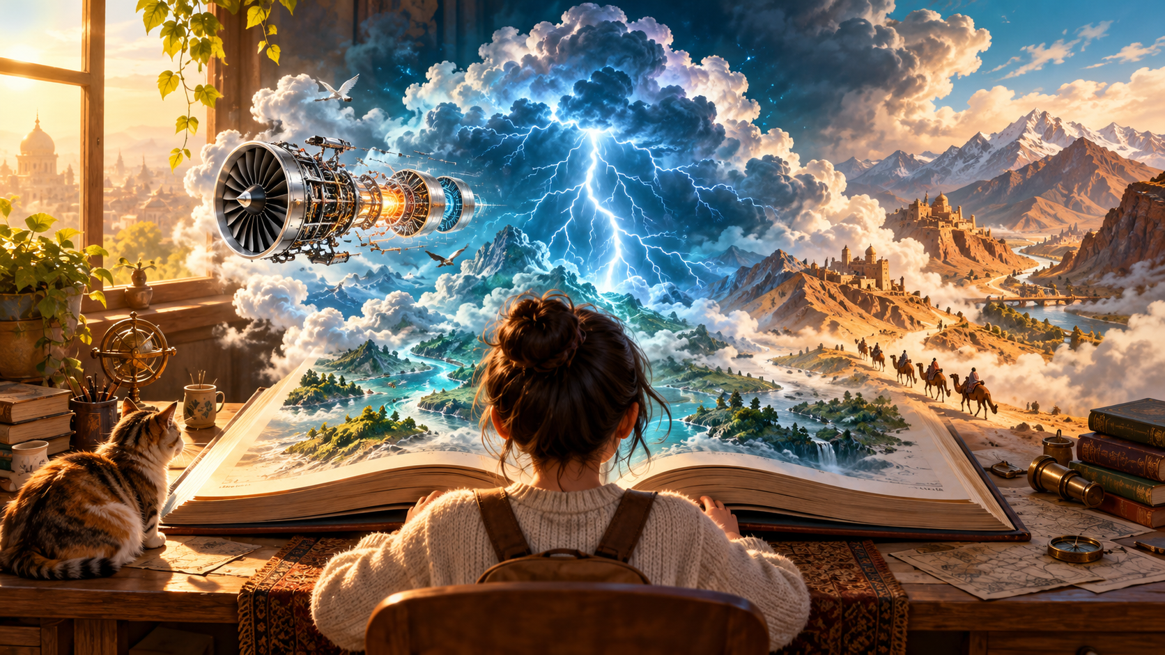 A book opens into an imagined world of lightning, a jet engine and a trade route.