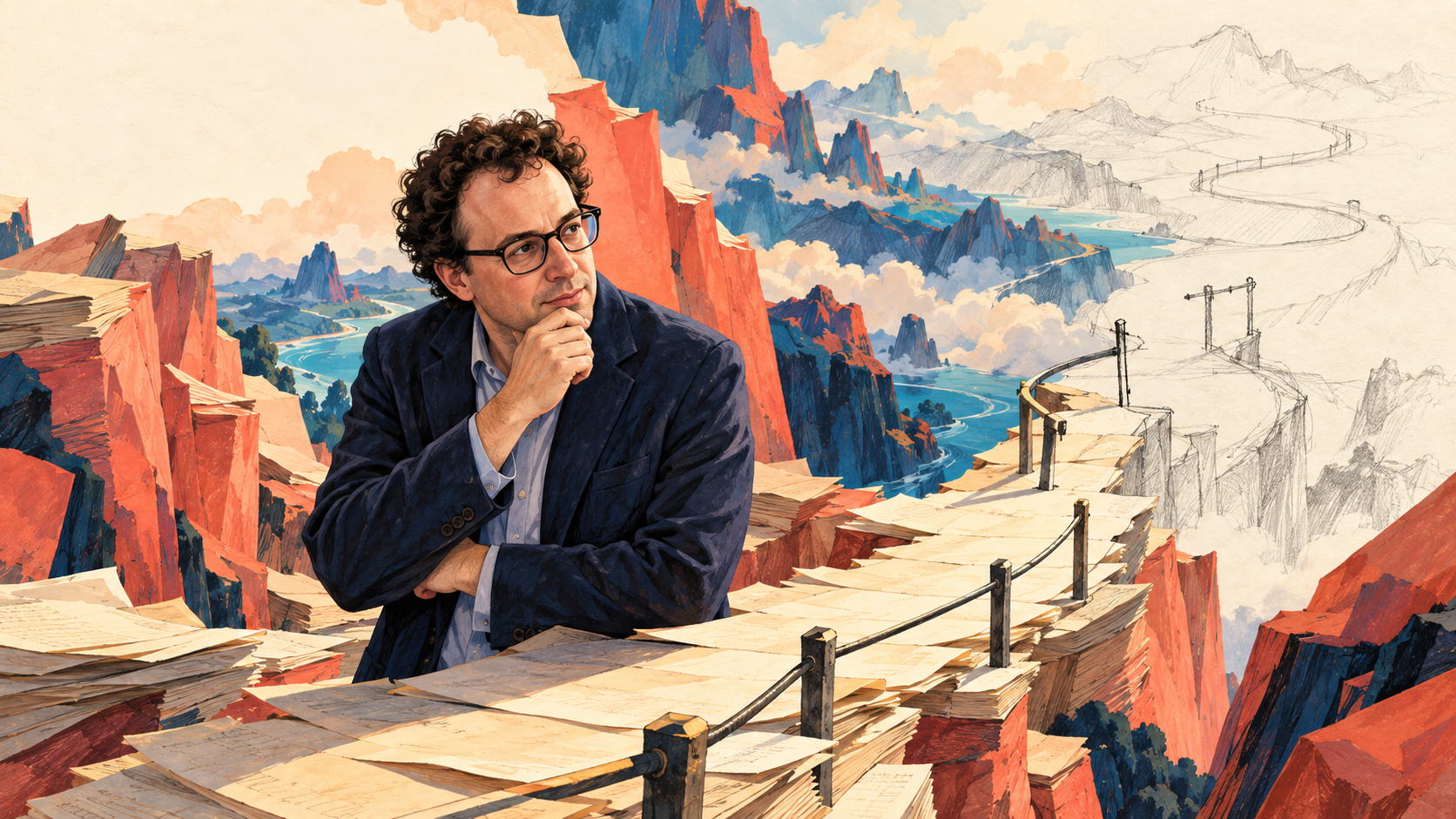 Editorial illustration of Dario Amodei beside a paper landscape, with a path changing from a finished walkway into an unfinished sketch.