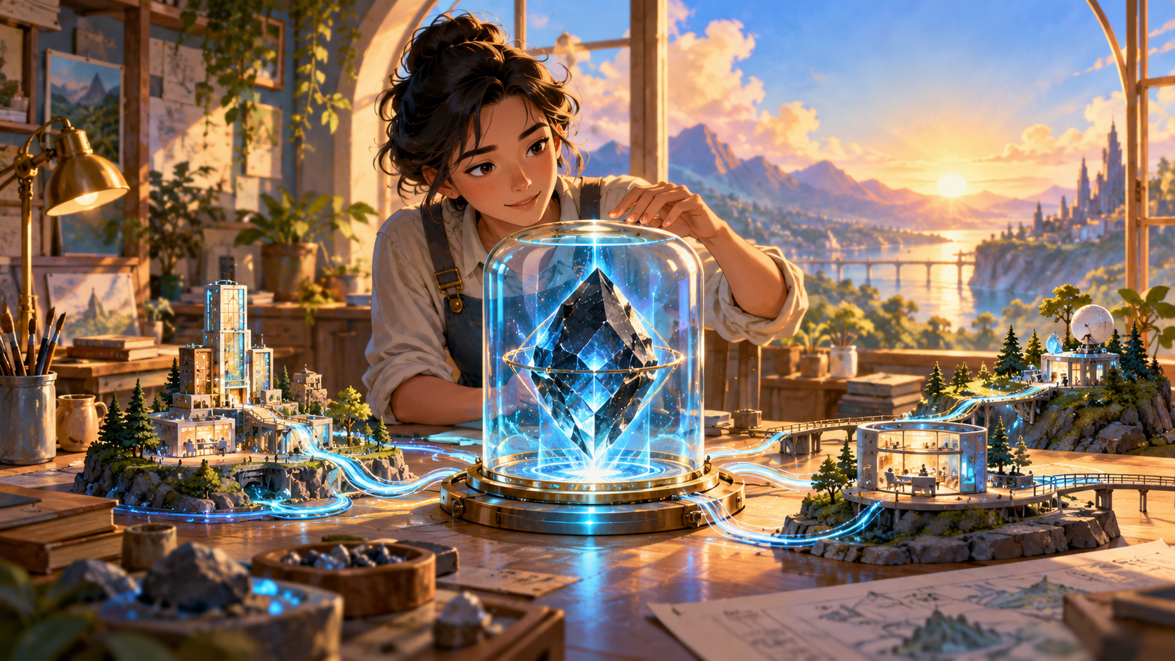 An illustrated engineer studies a glowing crystal in a sunlit workshop.