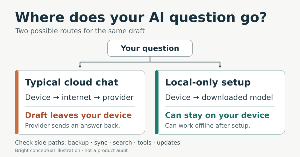 Conceptual diagram comparing typical cloud chat with a local-only AI setup, including possible backup, search and tool connections.
