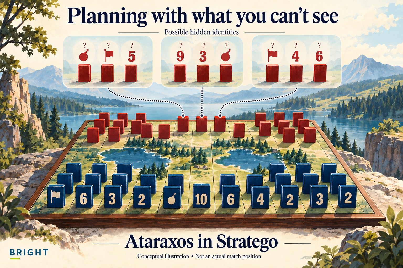 Conceptual Stratego-style board with visible blue ranks, flag and bomb, and concealed red piece identities. Three hypothesis panels show different possible identities at the same fixed locations. Text labels the image Ataraxos in Stratego and says it is not an actual match position.