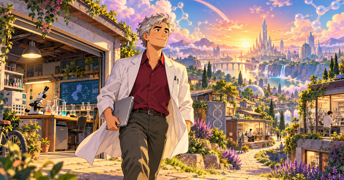 Fictional silver-haired scientist in a white coat carries a laptop beside a workshop, overlooking a colorful sunrise city of laboratories and inventions.