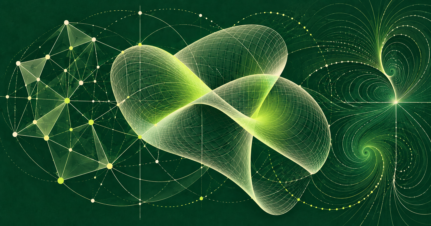 Conceptual illustration of interconnected mathematical structures: a geometric network, a curved mesh surface, and flowing contours in cream and lime on forest green.