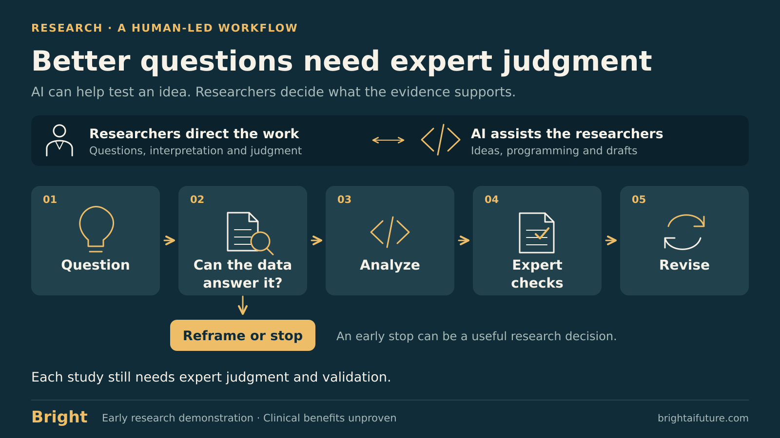 A human-led research workflow moves from question to data feasibility, analysis, expert checks and revision. A branch at feasibility allows researchers to reframe or stop. AI assists with ideas, code and drafts.
