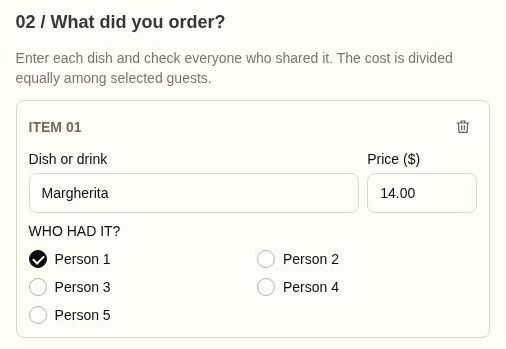 A crop of OpenAI’s official bill-splitter demo. A Margherita is priced at $14.00, with Person 1 selected and Persons 2 through 5 unselected.