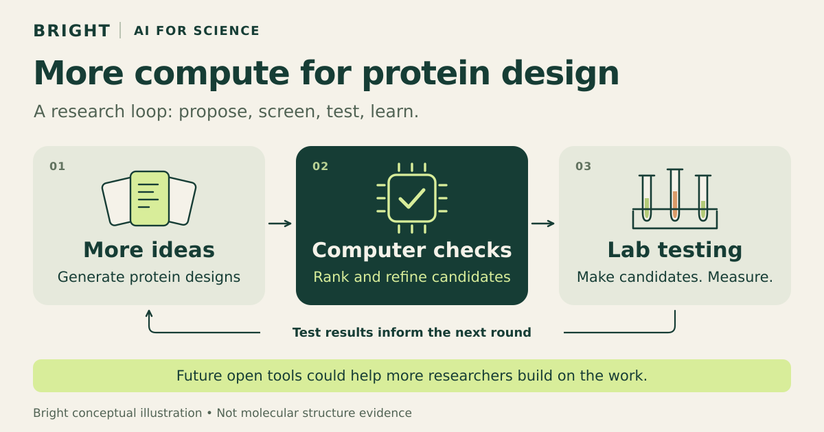 Conceptual protein-design research loop: propose ideas, run computer checks, test candidates in the lab, and use results to inform the next round.
